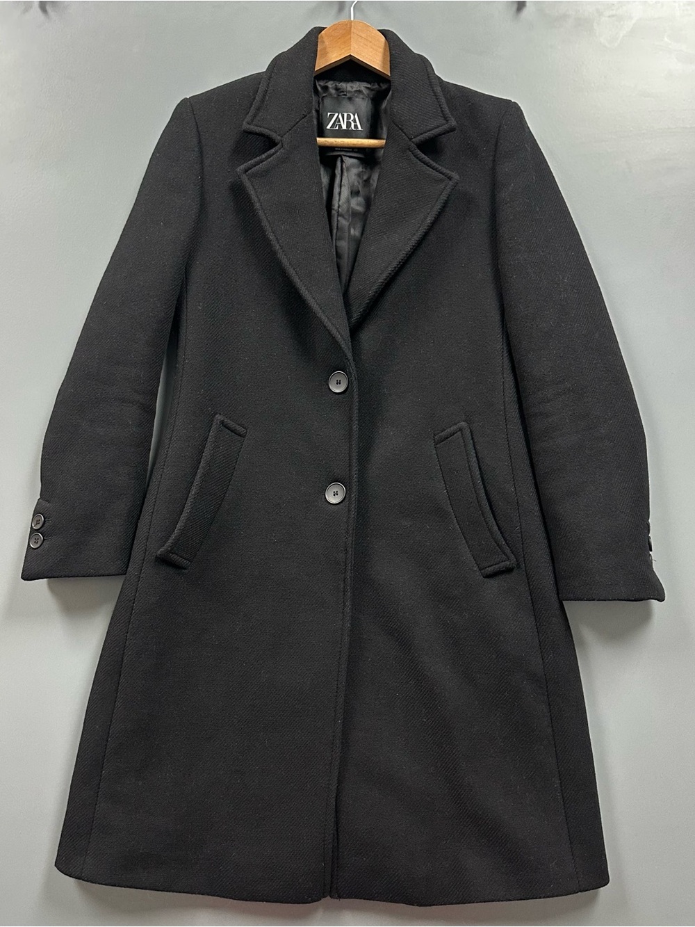 ZARA Womenās Peacoat Black Wool Blend XL Mid-length Tailored Cut Overcoat